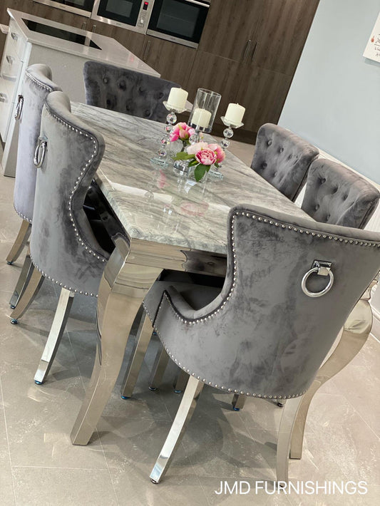 MARBLE DINING TABLE WITH CHELSEA RING KNOCKER CHAIRS